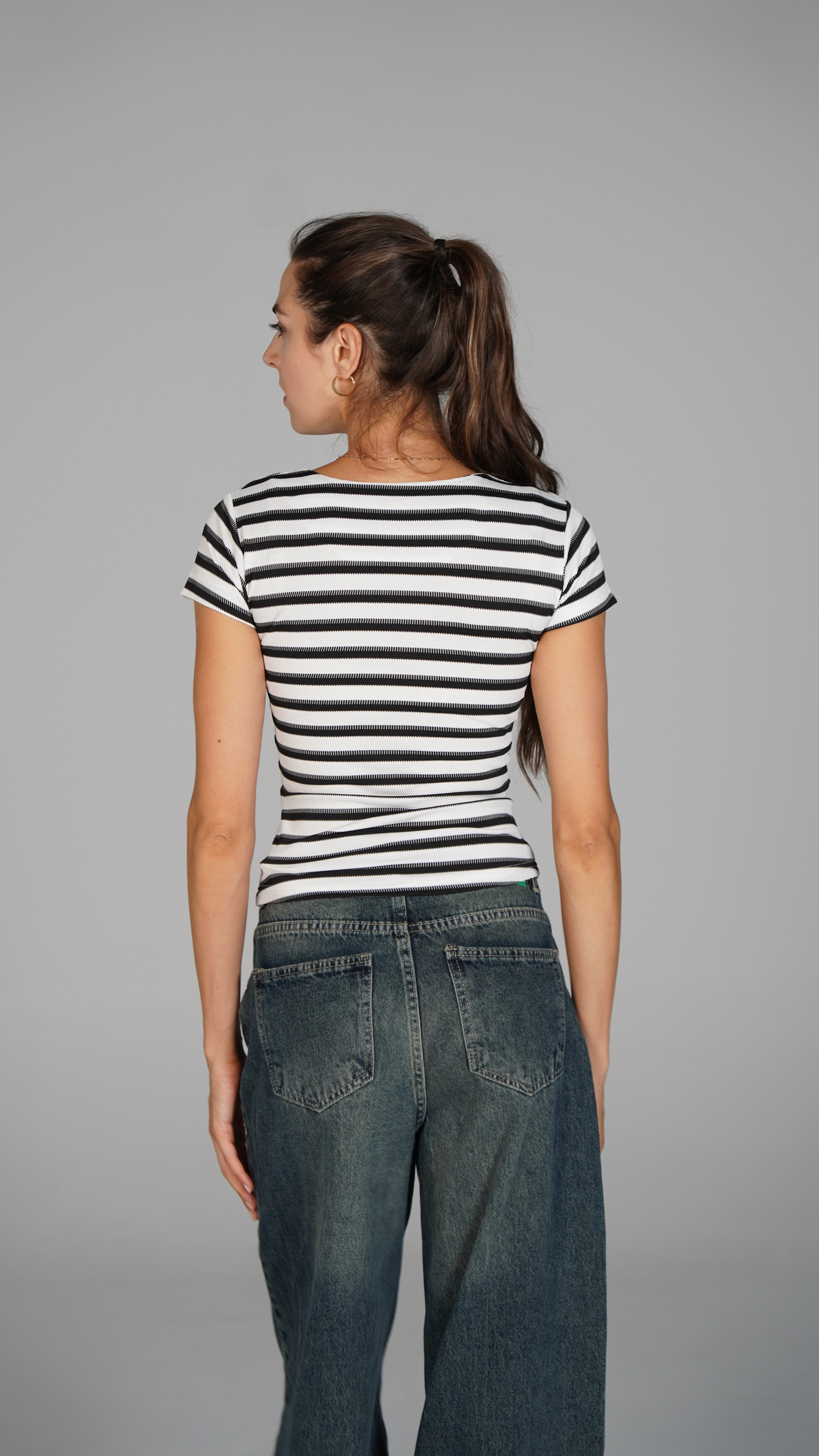 Half Sleeve Striped Top Black x White
