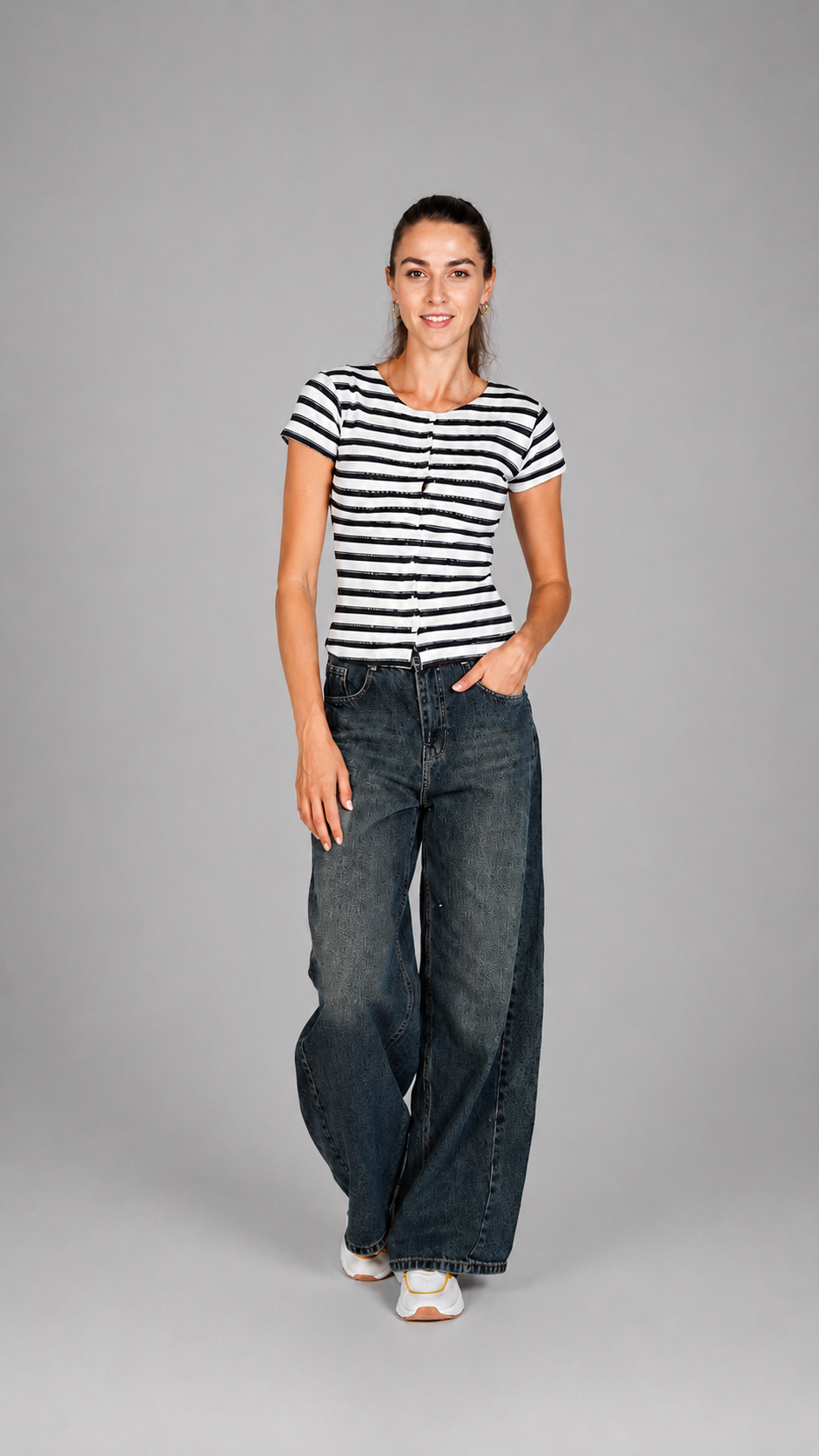 Half Sleeve Striped Top Black x White