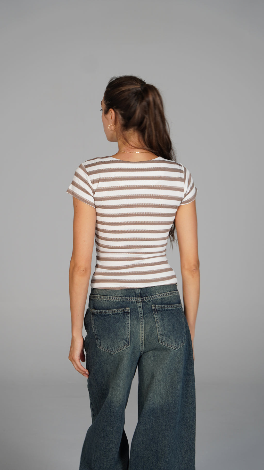Half Sleeve Striped Top Brown x White