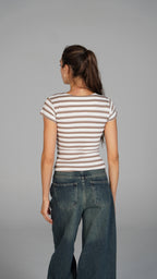Half Sleeve Striped Top Brown x White