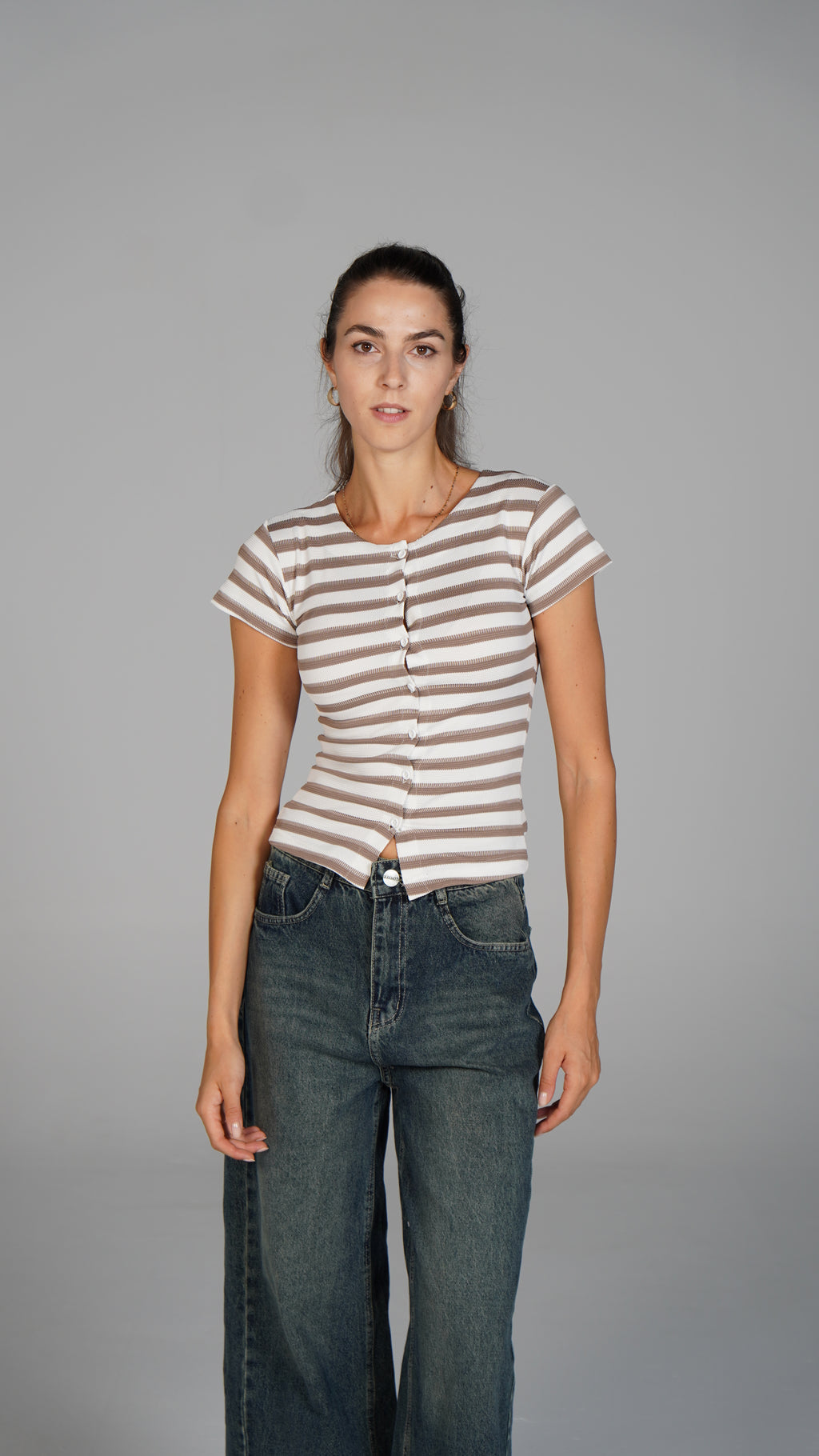 Half Sleeve Striped Top Brown x White