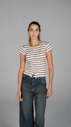 Half Sleeve Striped Top Brown x White