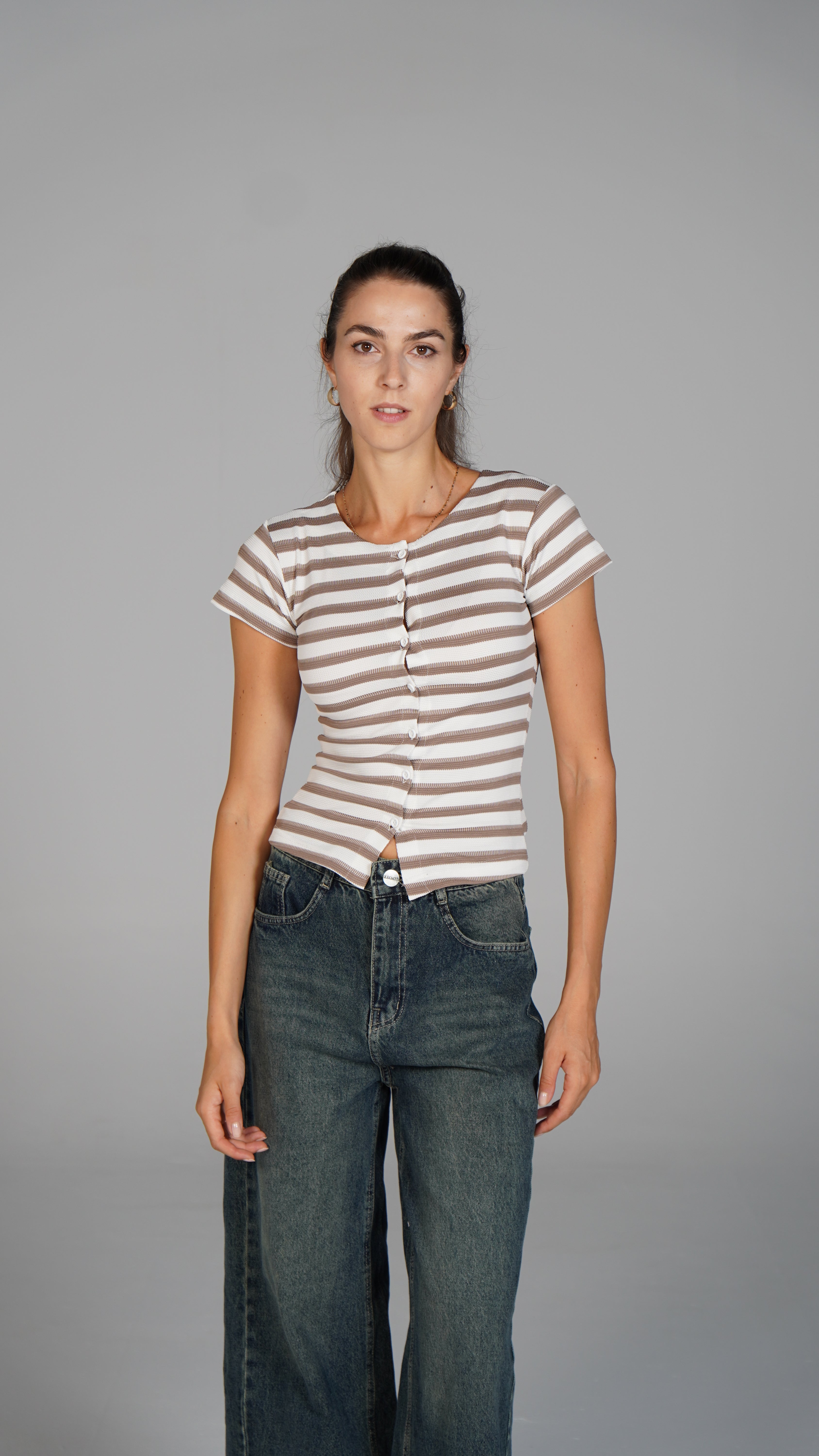 Half Sleeve Striped Top Brown x White