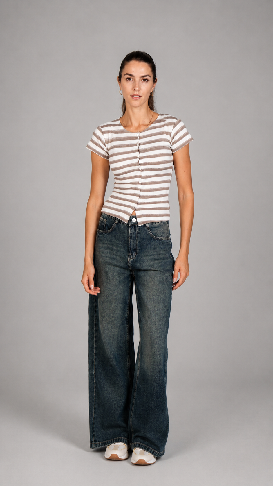 Half Sleeve Striped Top Brown x White