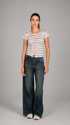 Half Sleeve Striped Top Brown x White