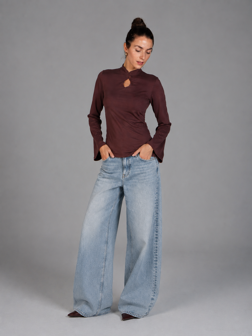 Chinese Neck Top - Brown