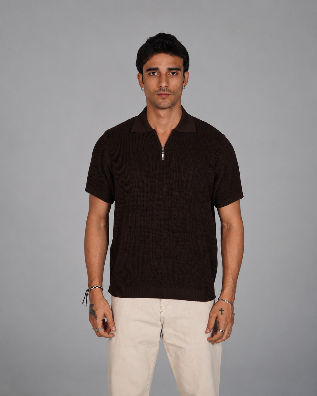 Zip Up Jacquard Polo - Brown