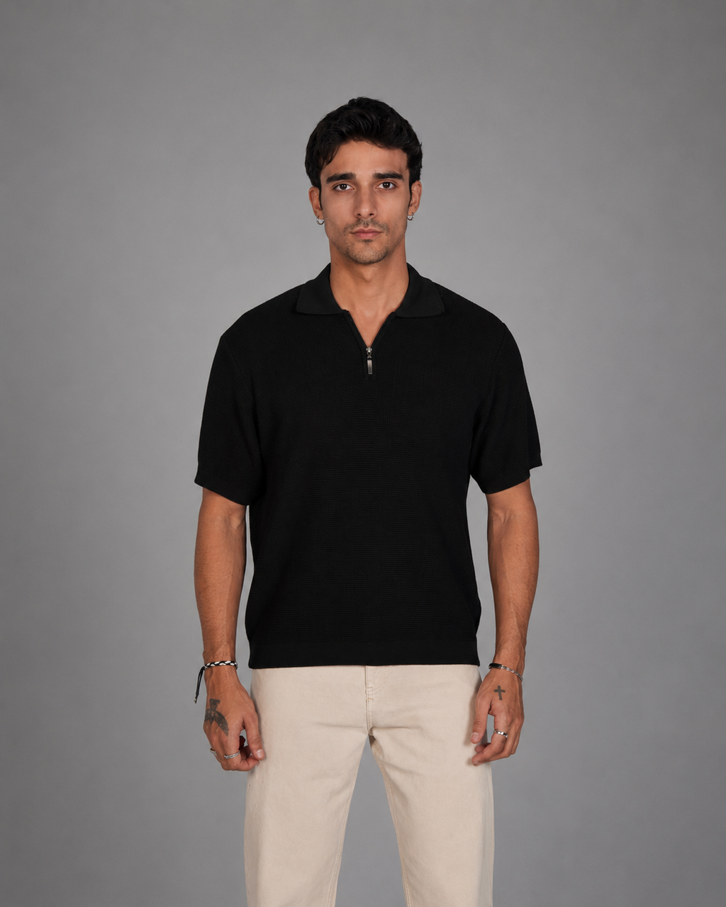 Zip Up Jacquard Polo - Black