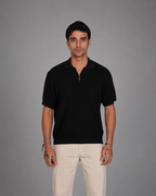 Zip Up Jacquard Polo - Black