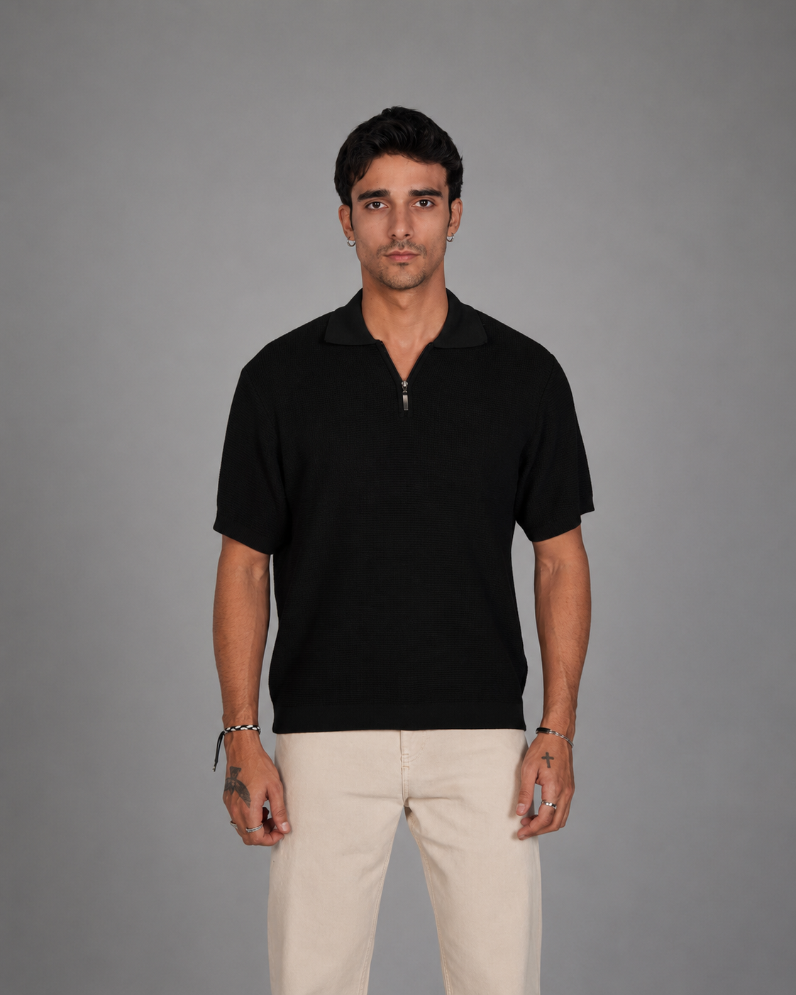 Zip Up Jacquard Polo - Black