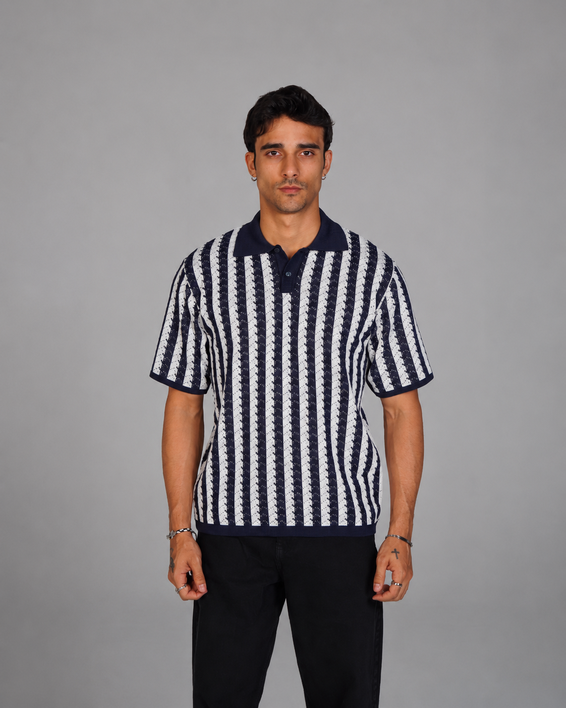 Striped Knitted Polo - Navy X White