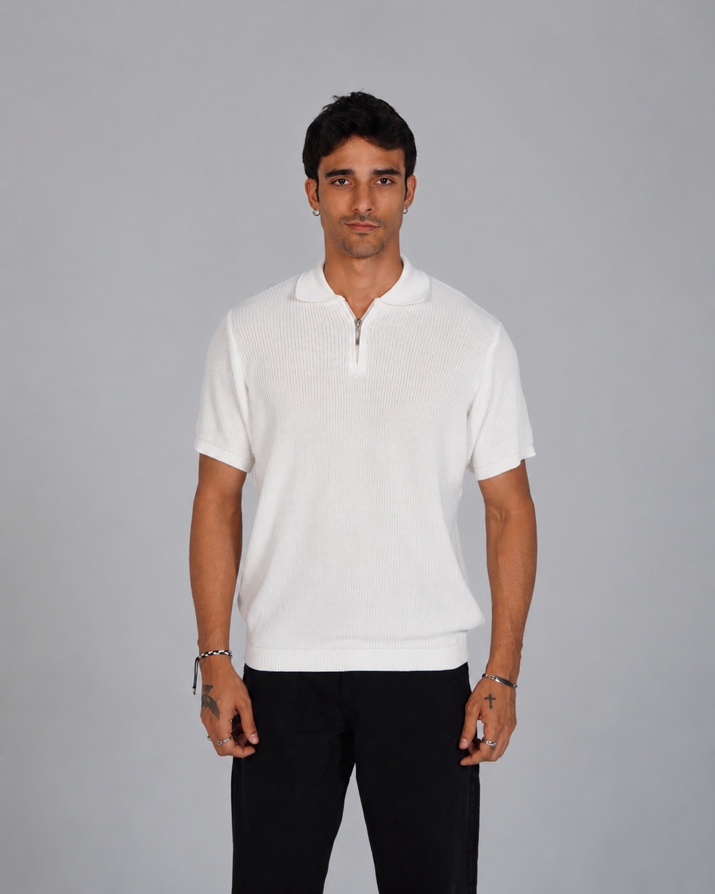 Zip Up Jacquard Polo - White