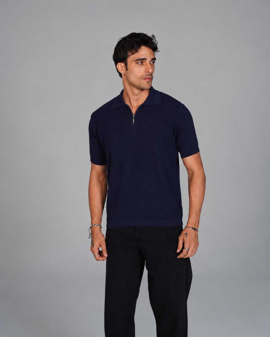 Zip Up Jacquard Polo - Navy