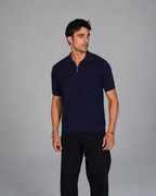 Zip Up Jacquard Polo - Navy