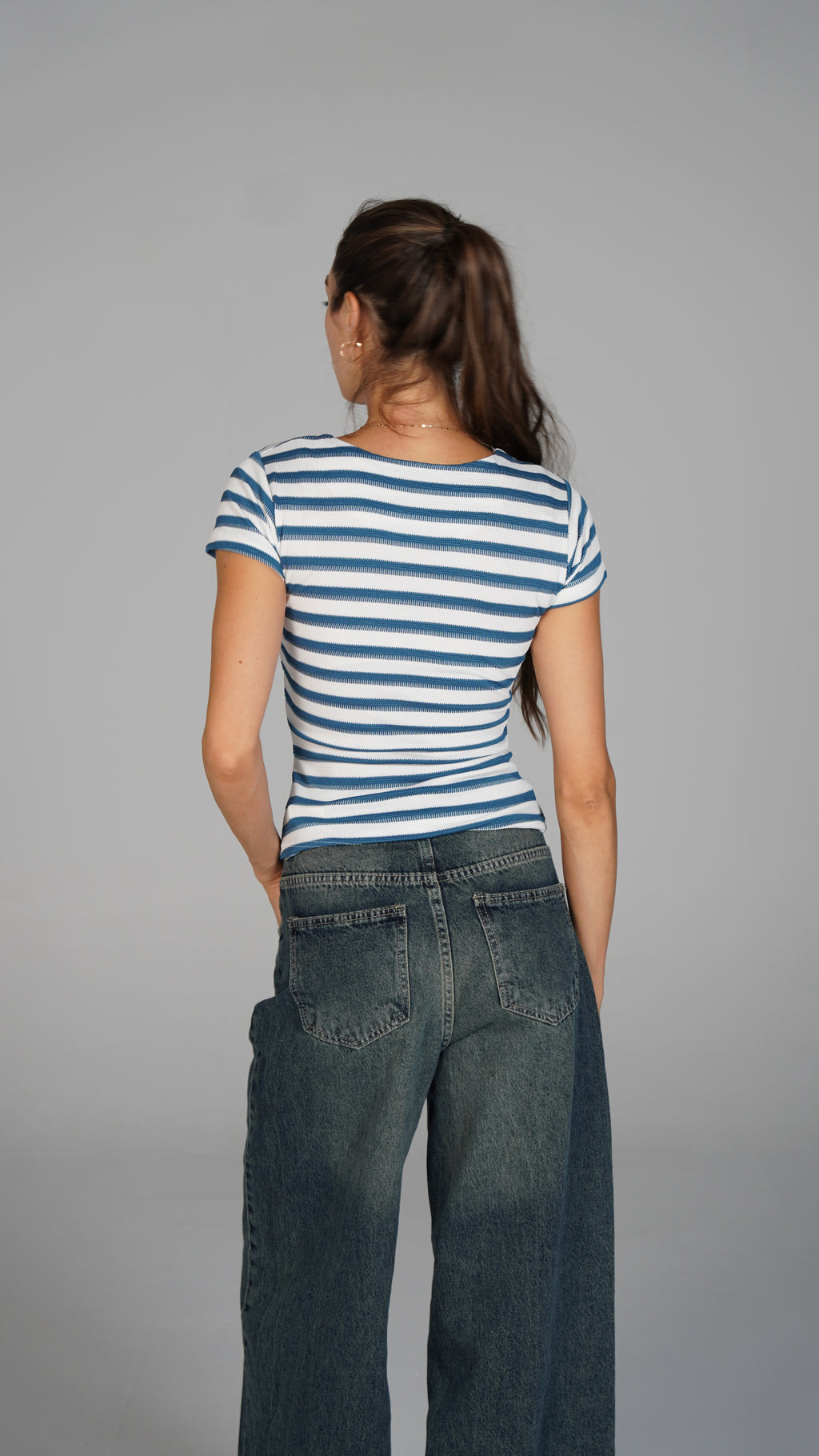 Half Sleeve Striped Top Indigo x White