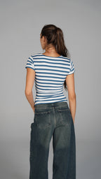 Half Sleeve Striped Top Indigo x White