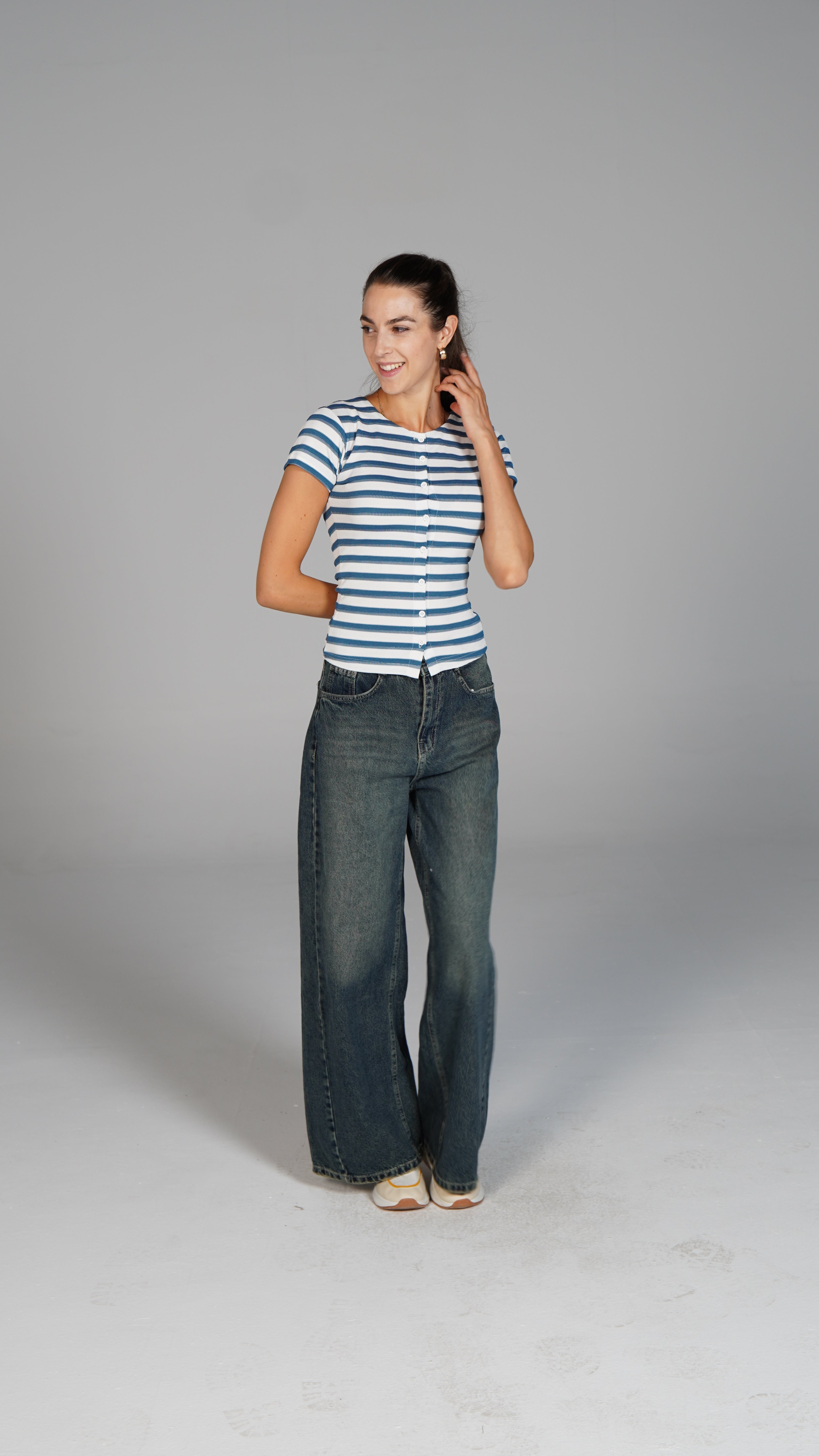Half Sleeve Striped Top Indigo x White