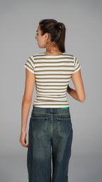Half Sleeve Striped Top Light Olive x White