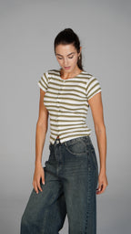 Half Sleeve Striped Top Light Olive x White