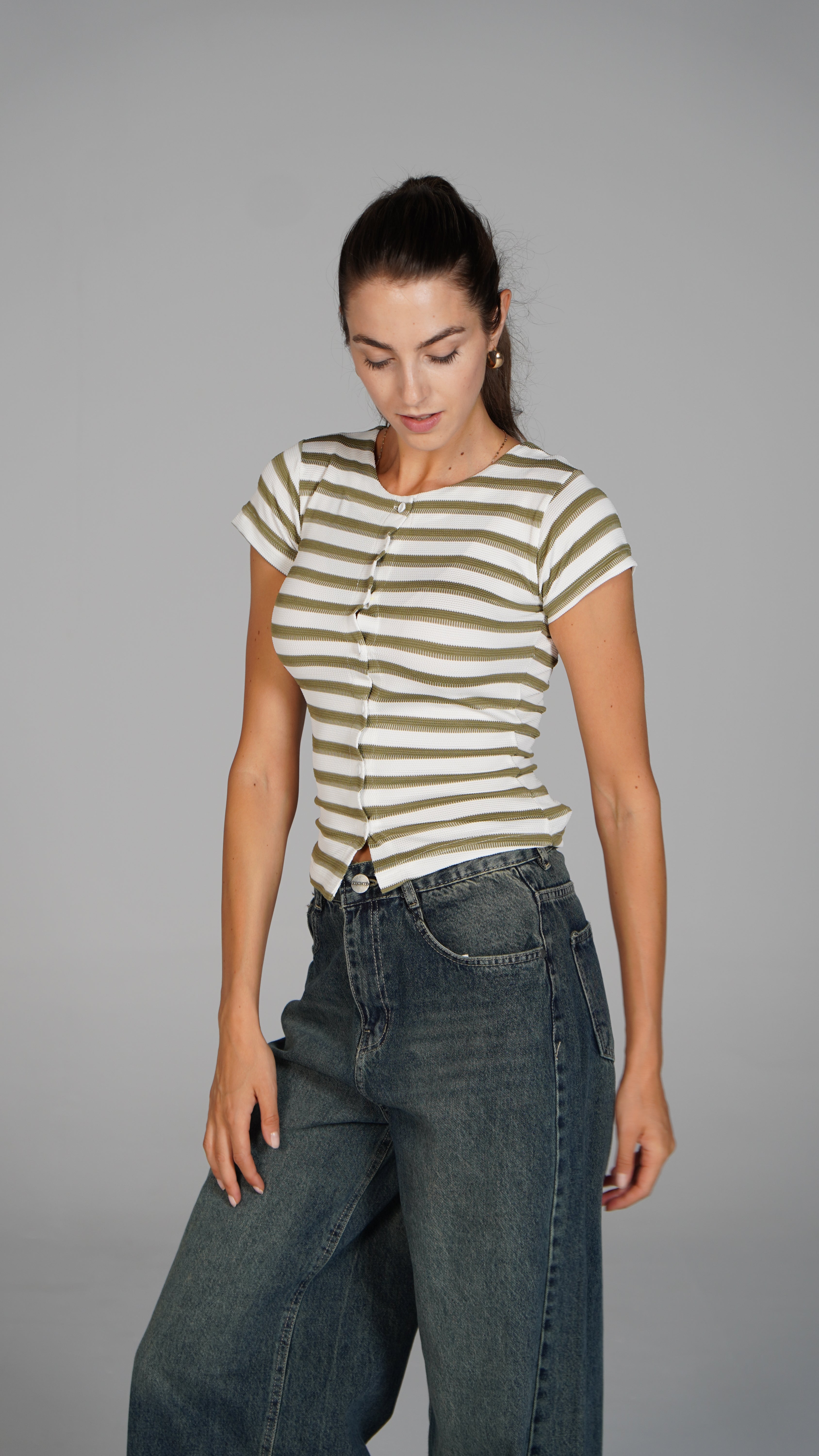 Half Sleeve Striped Top Light Olive x White