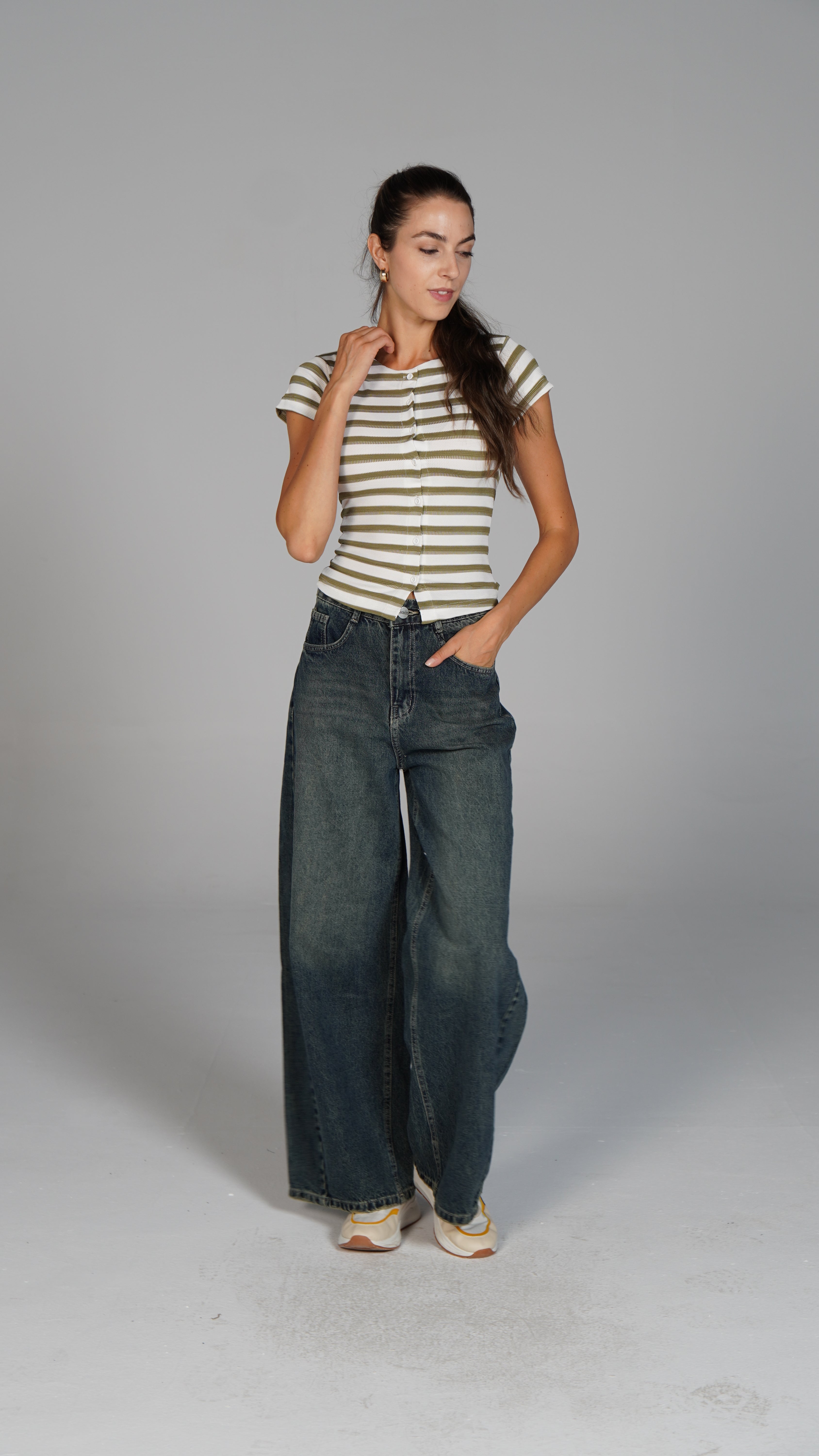 Half Sleeve Striped Top Light Olive x White