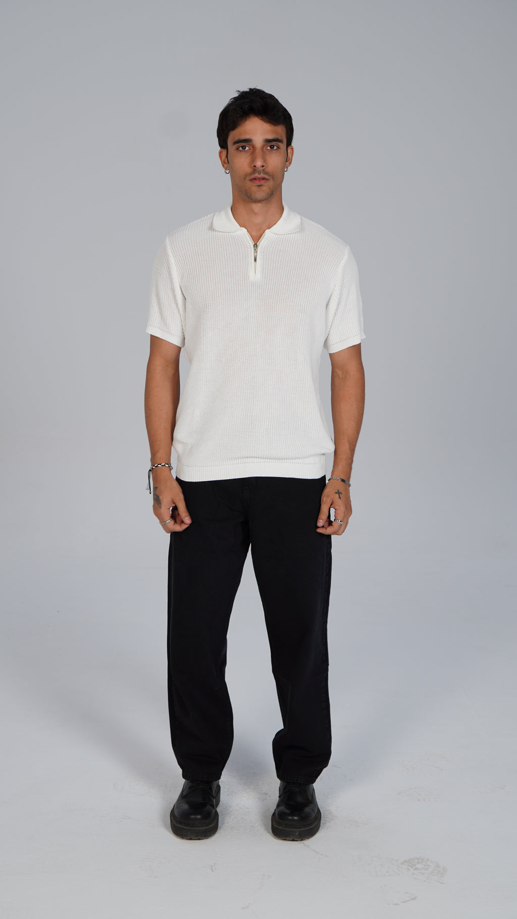 Zip Up Jacquard Polo - White