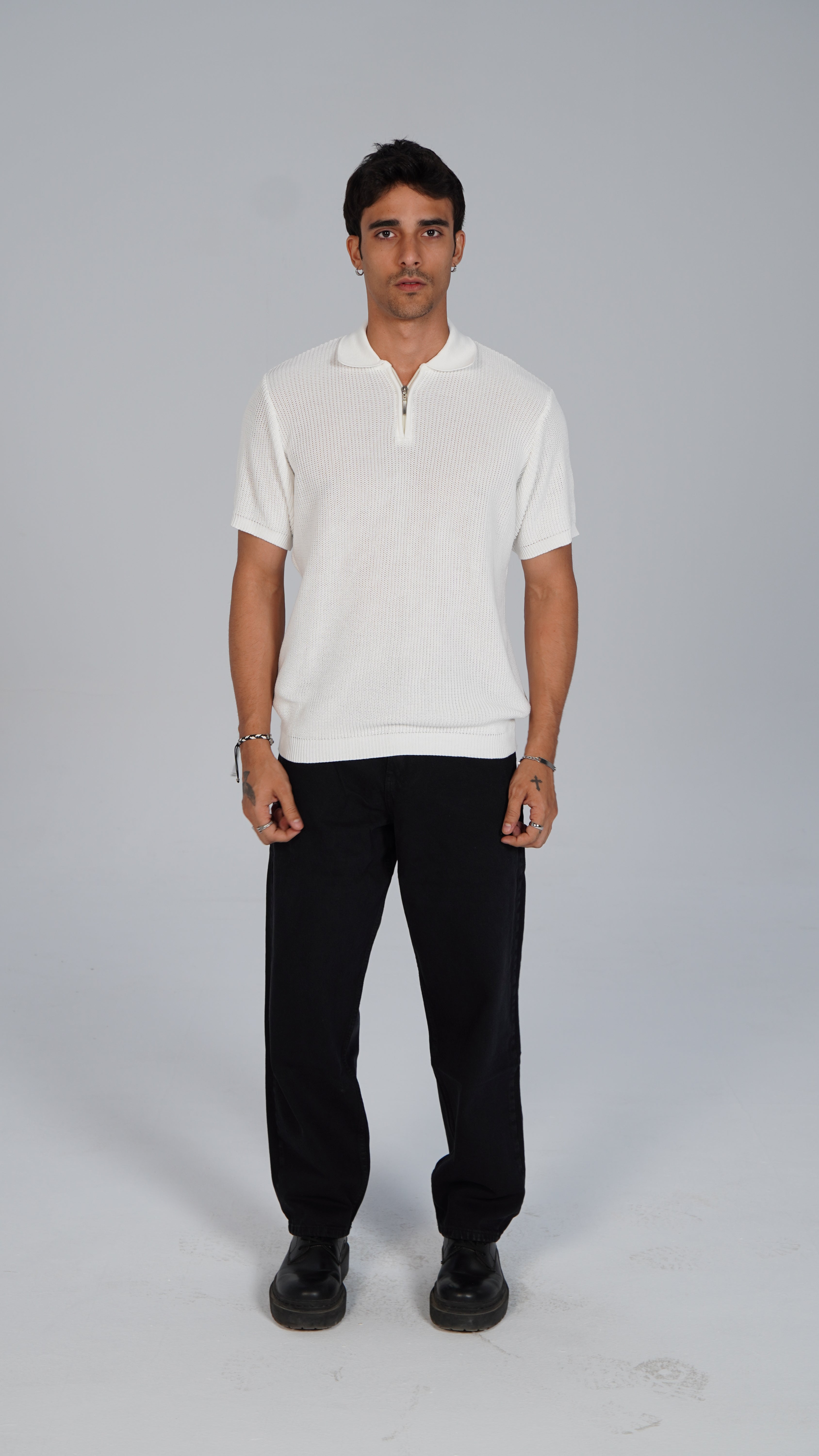 Zip Up Jacquard Polo - White