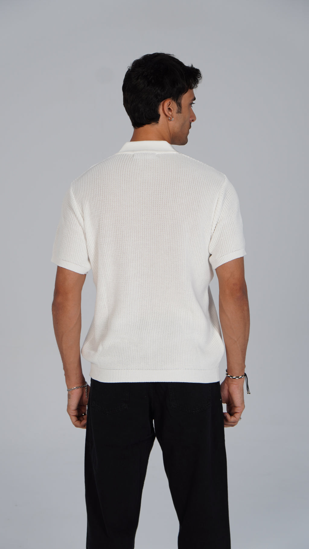 Zip Up Jacquard Polo - White
