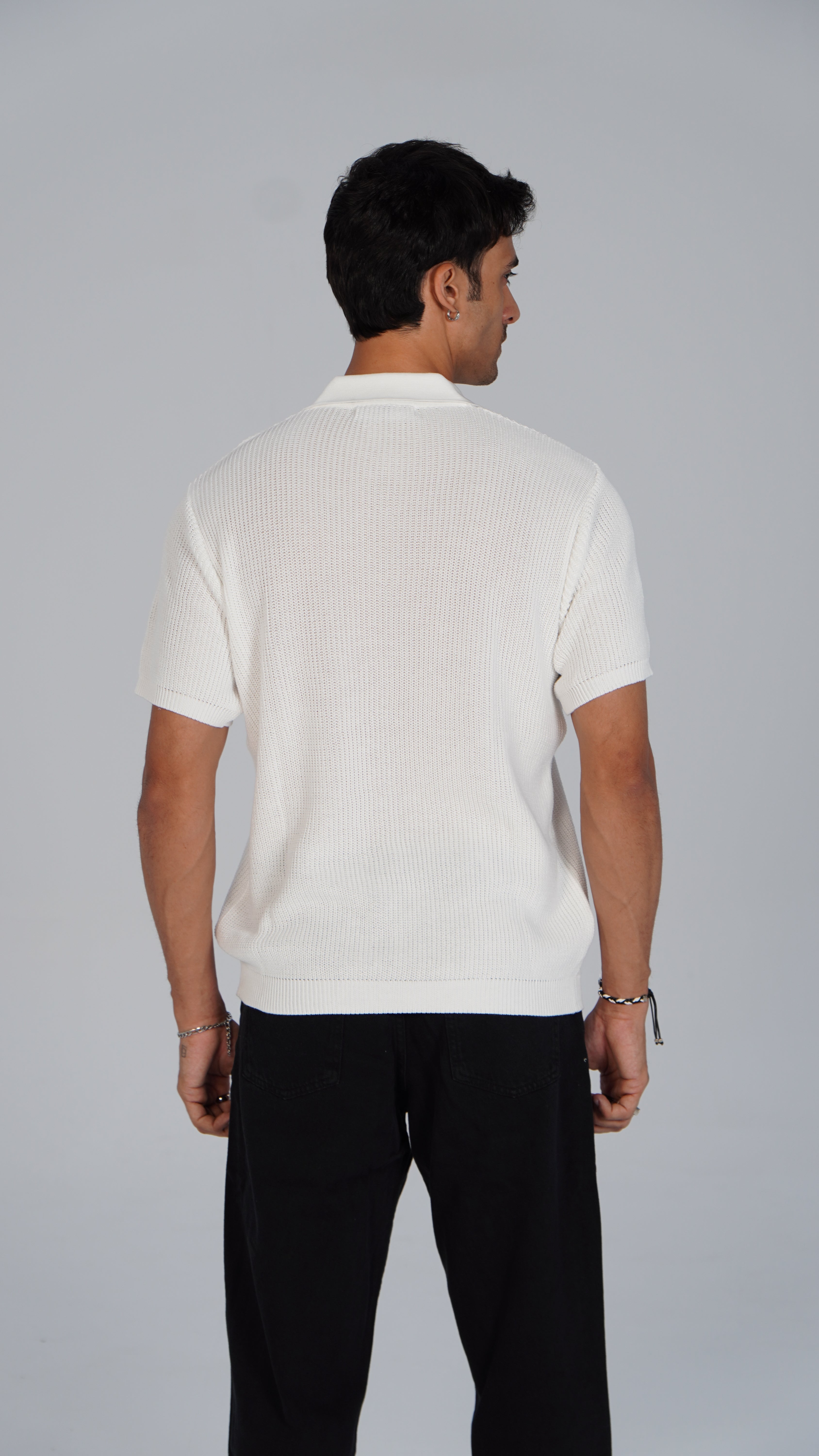 Zip Up Jacquard Polo - White