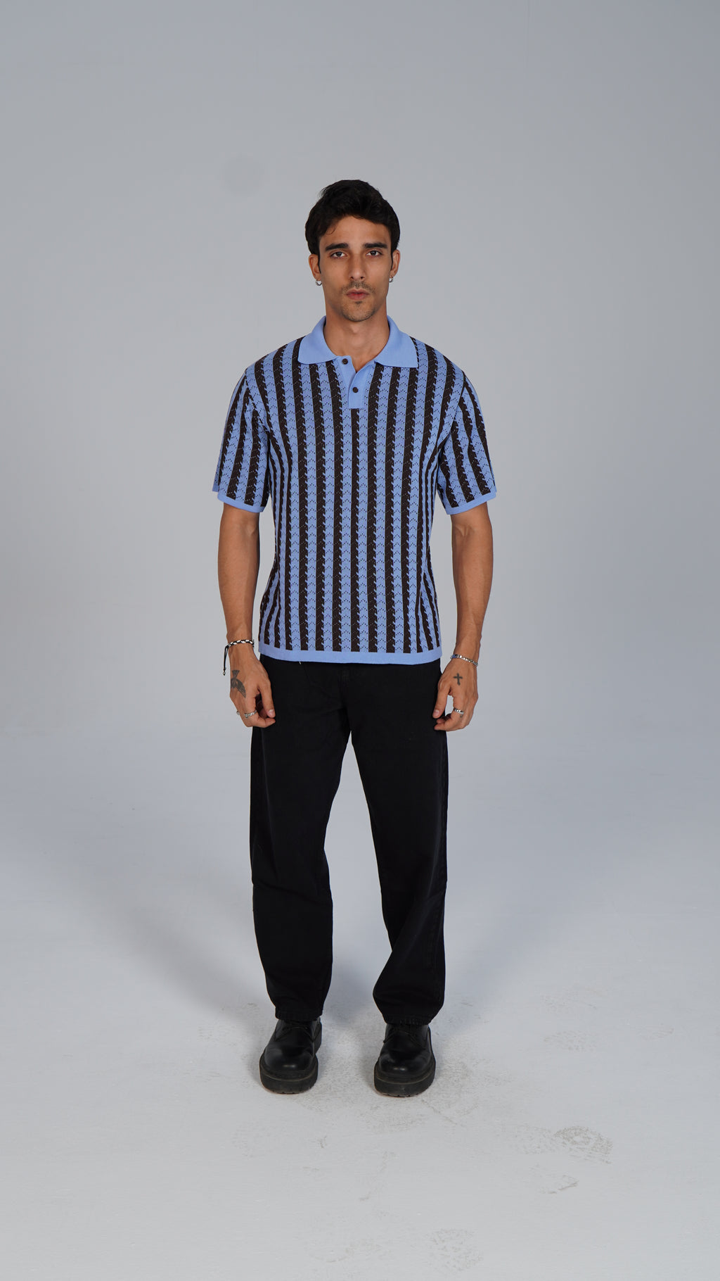 Striped Knitted Polo - Brown X Blue