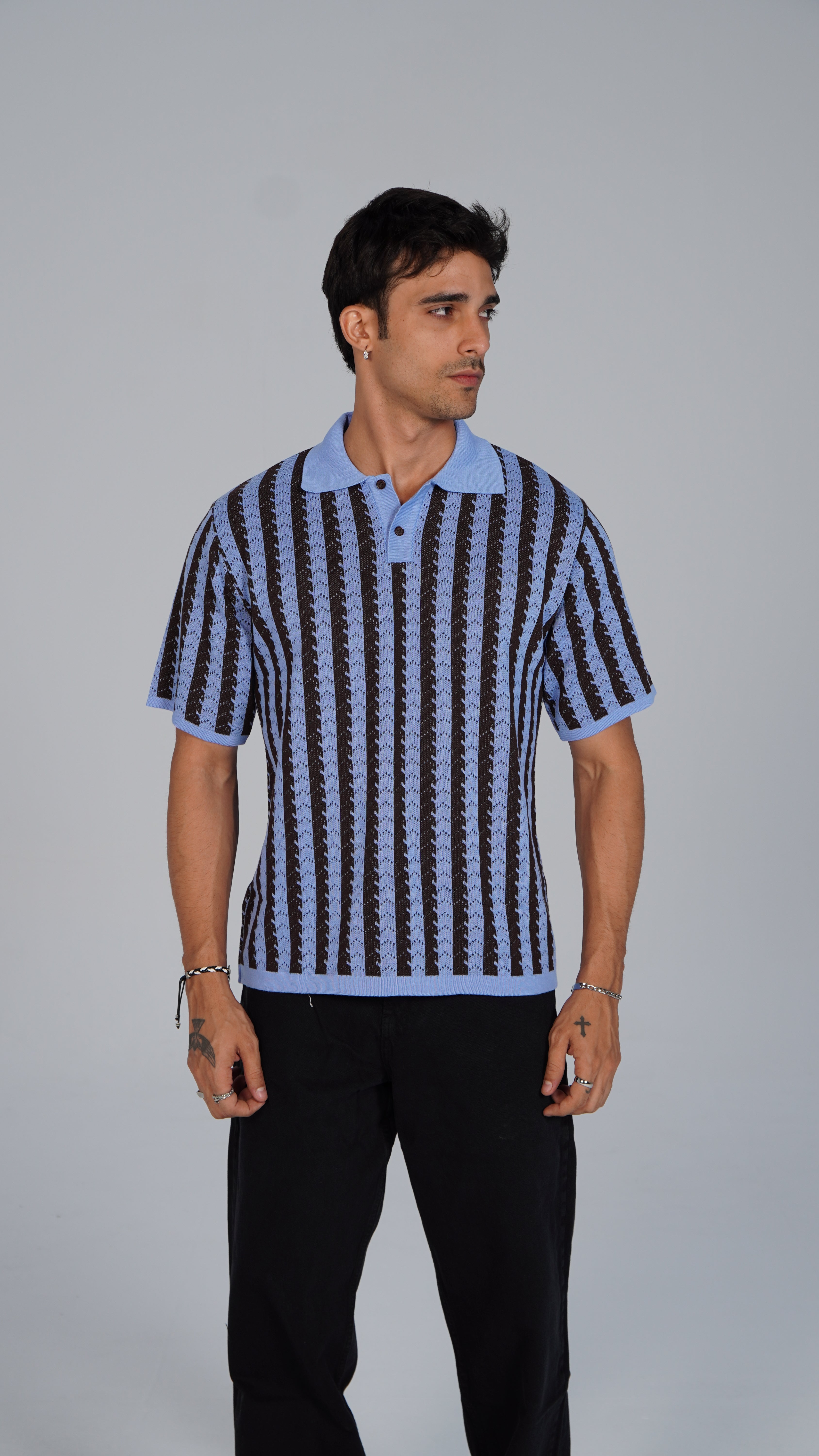Striped Knitted Polo - Brown X Blue
