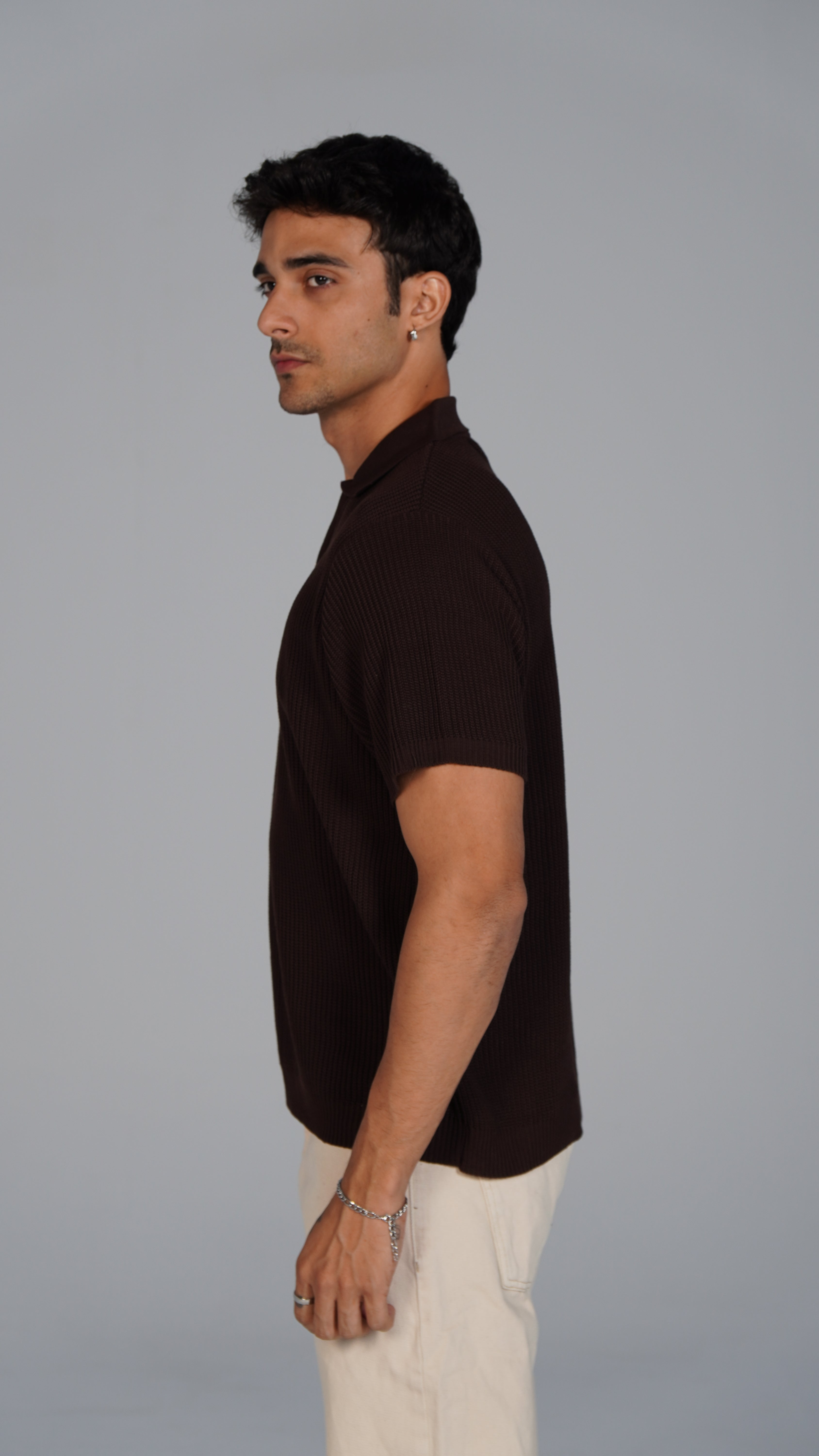 Zip Up Jacquard Polo - Brown