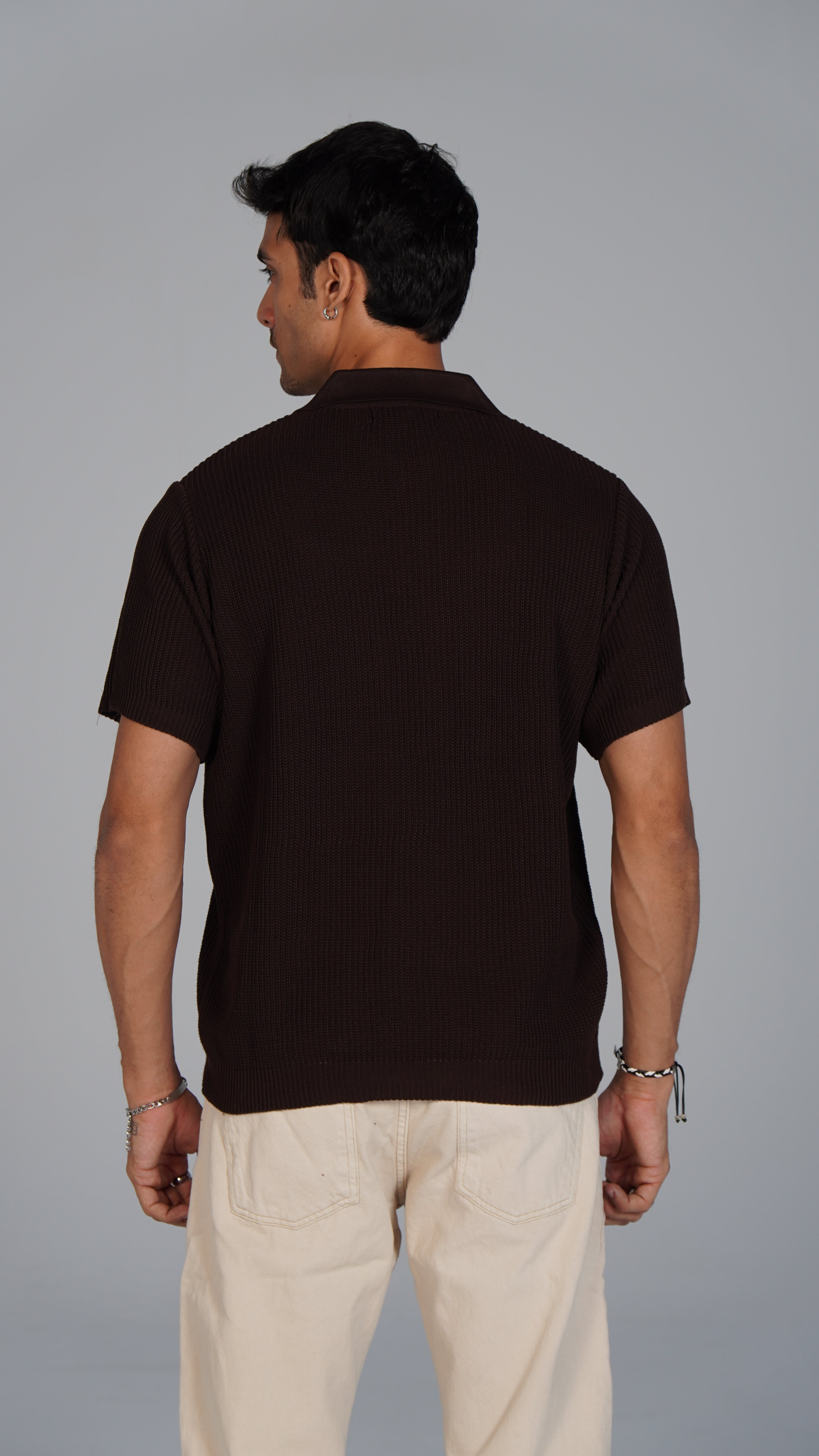 Zip Up Jacquard Polo - Brown