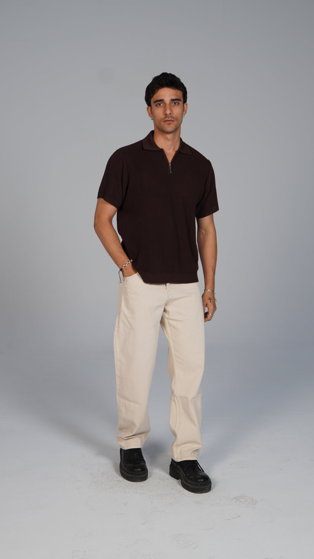 Zip Up Jacquard Polo - Brown