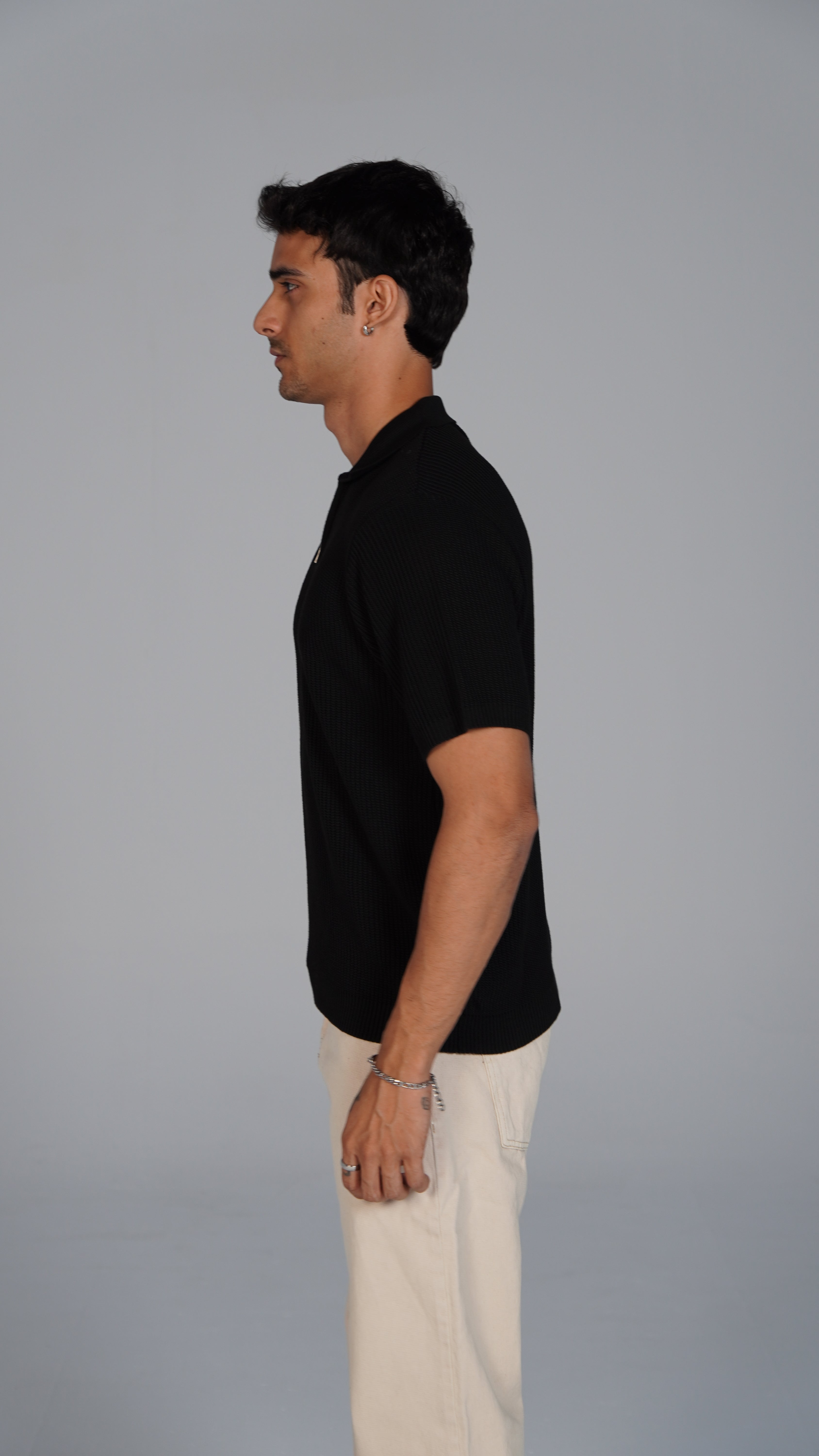 Zip Up Jacquard Polo - Black