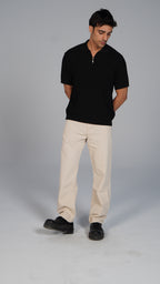 Zip Up Jacquard Polo - Black
