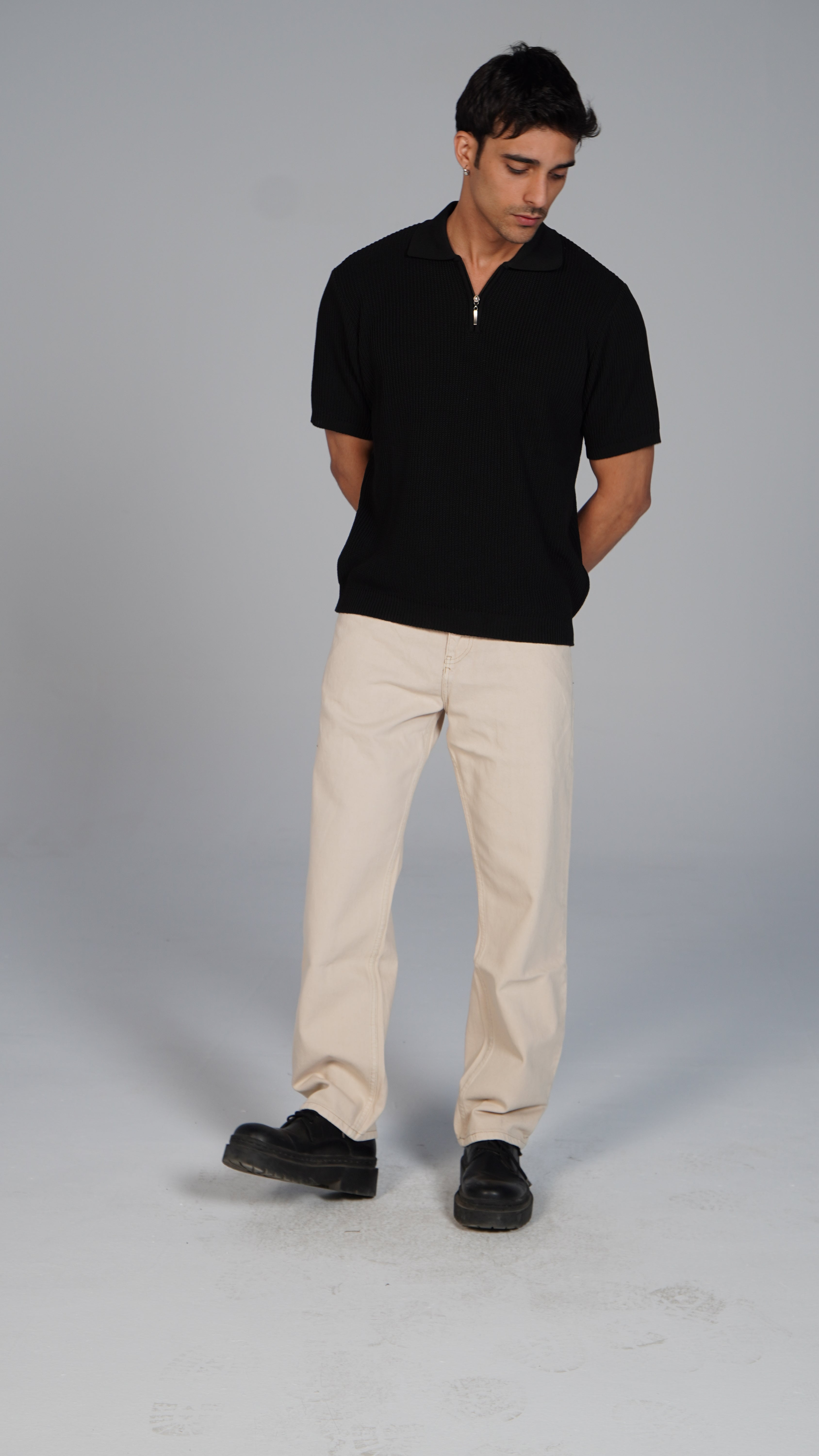 Zip Up Jacquard Polo - Black