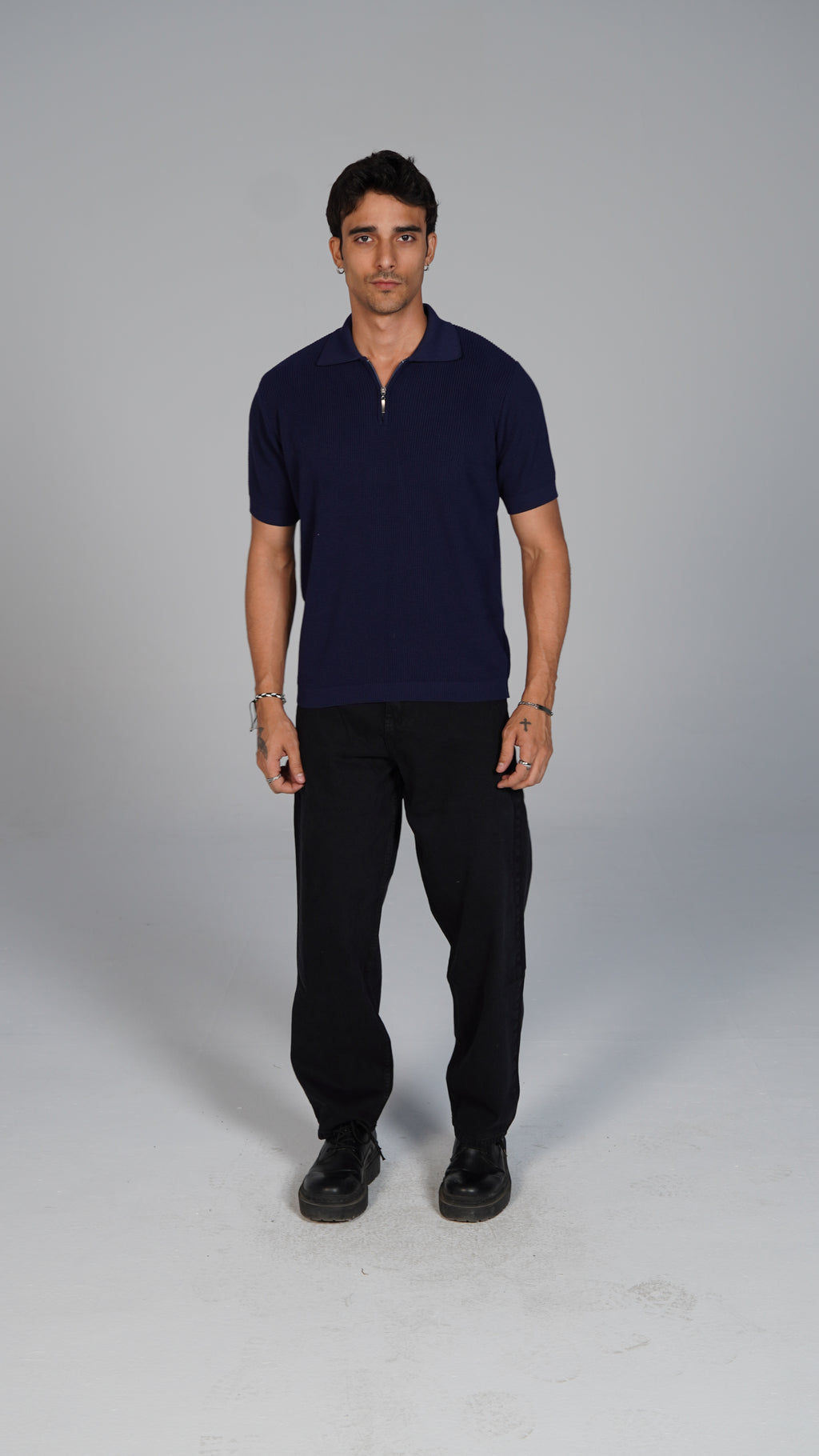 Zip Up Jacquard Polo - Navy