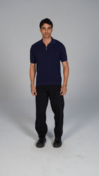 Zip Up Jacquard Polo - Navy