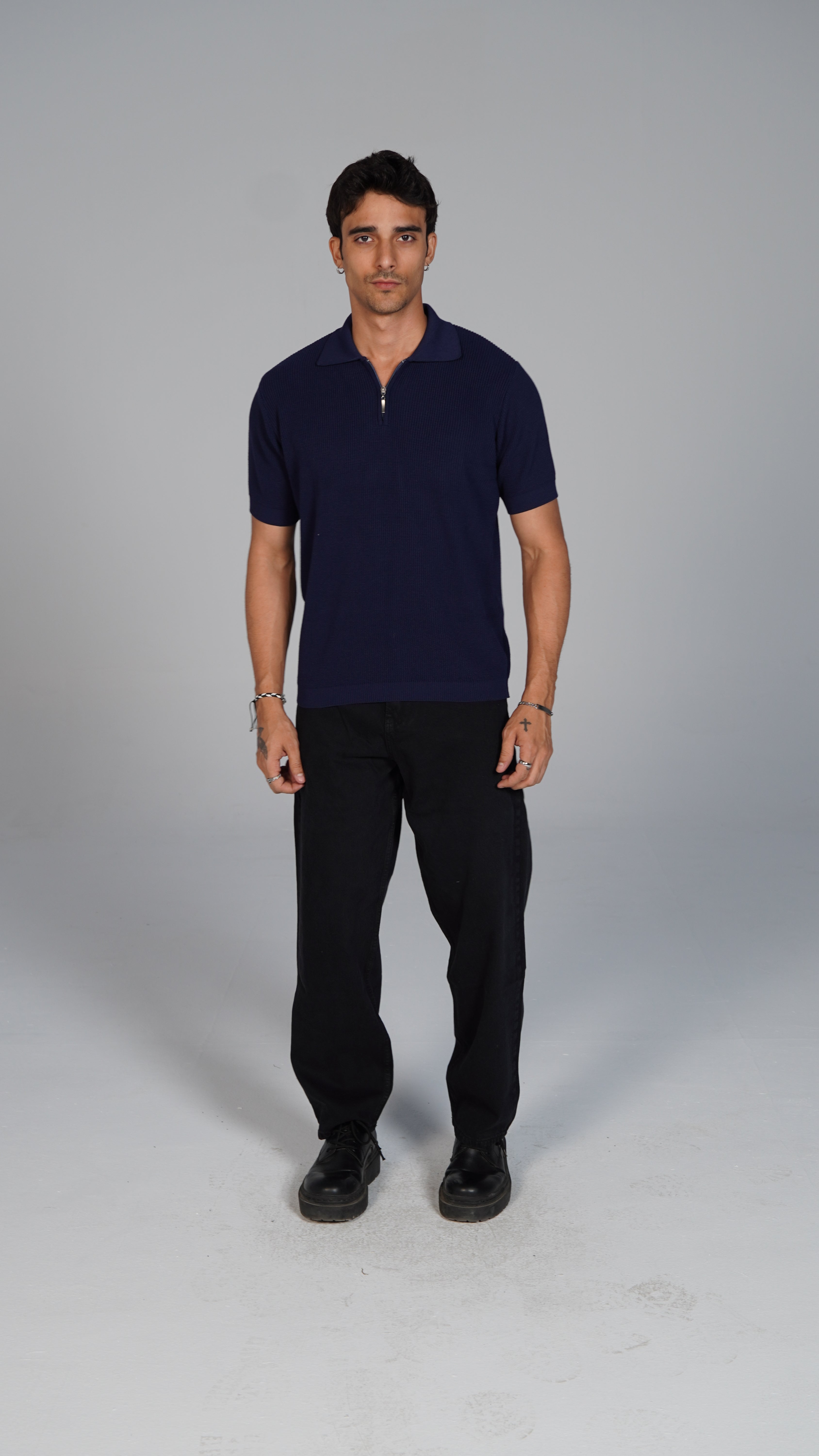 Zip Up Jacquard Polo - Navy