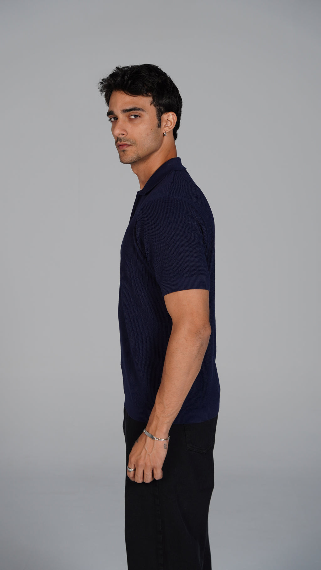 Zip Up Jacquard Polo - Navy