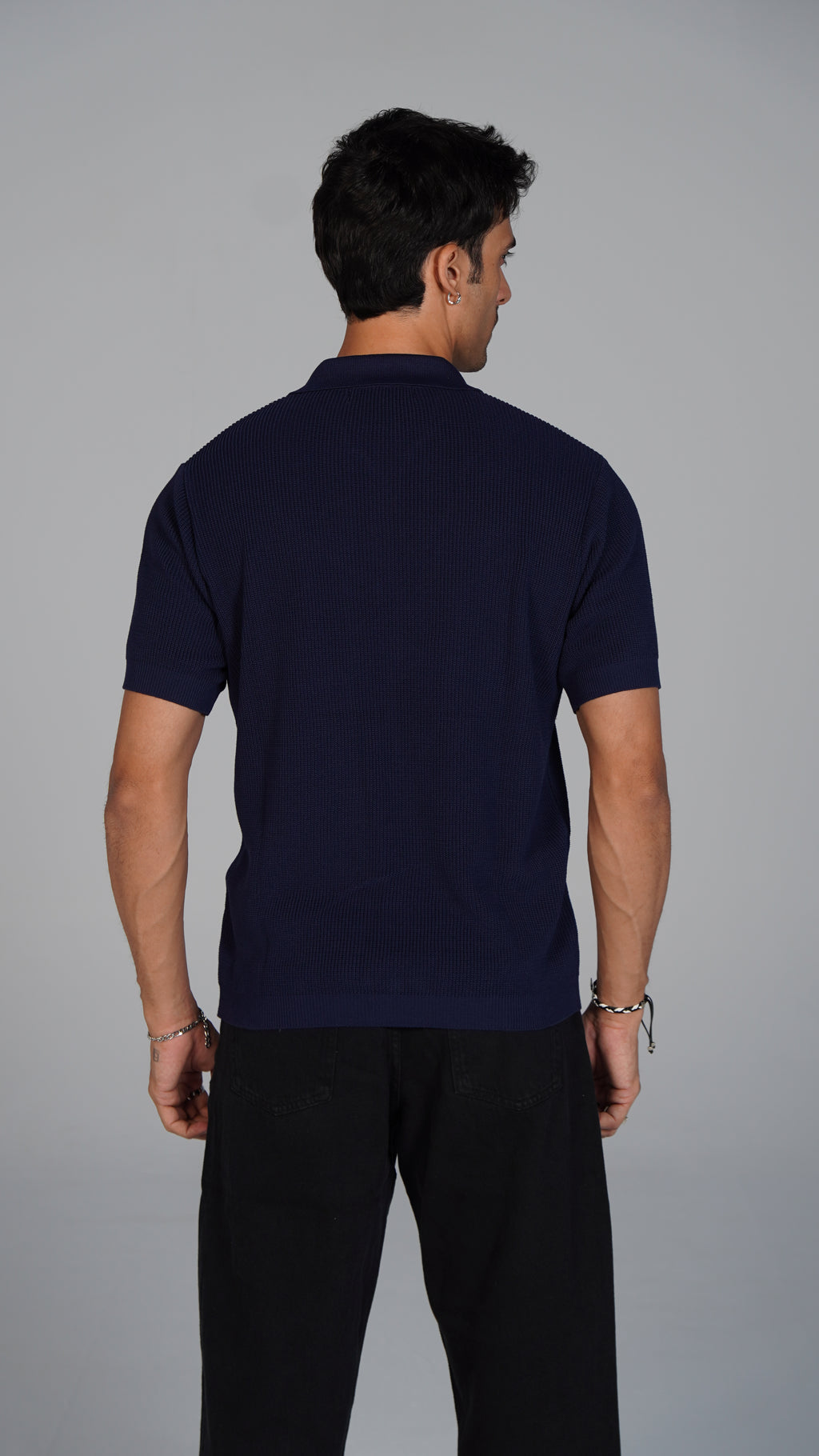 Zip Up Jacquard Polo - Navy