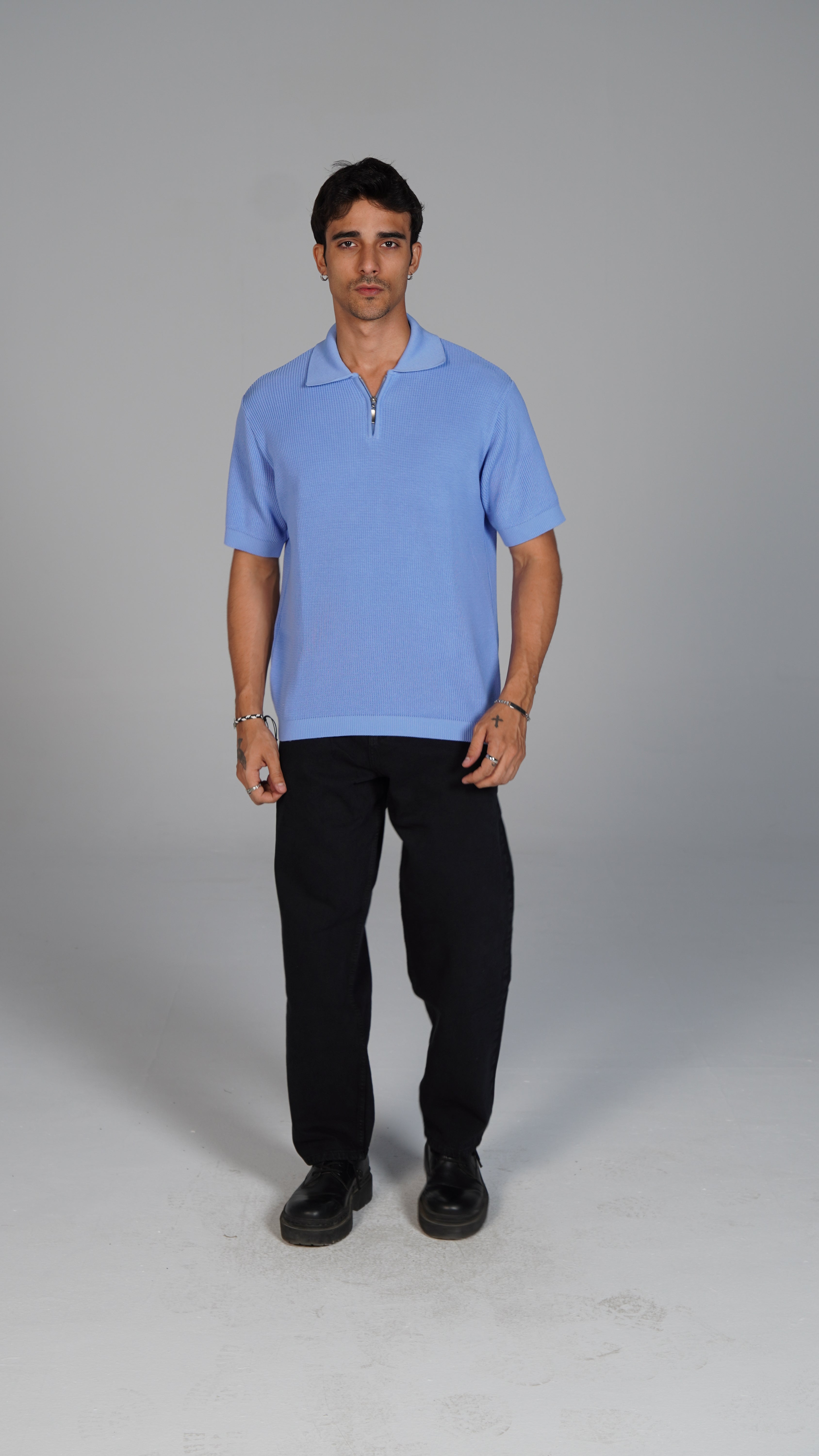 Zip Up Jacquard Polo - Light Blue