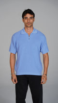 Zip Up Jacquard Polo - Light Blue