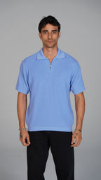 Zip Up Jacquard Polo - Light Blue