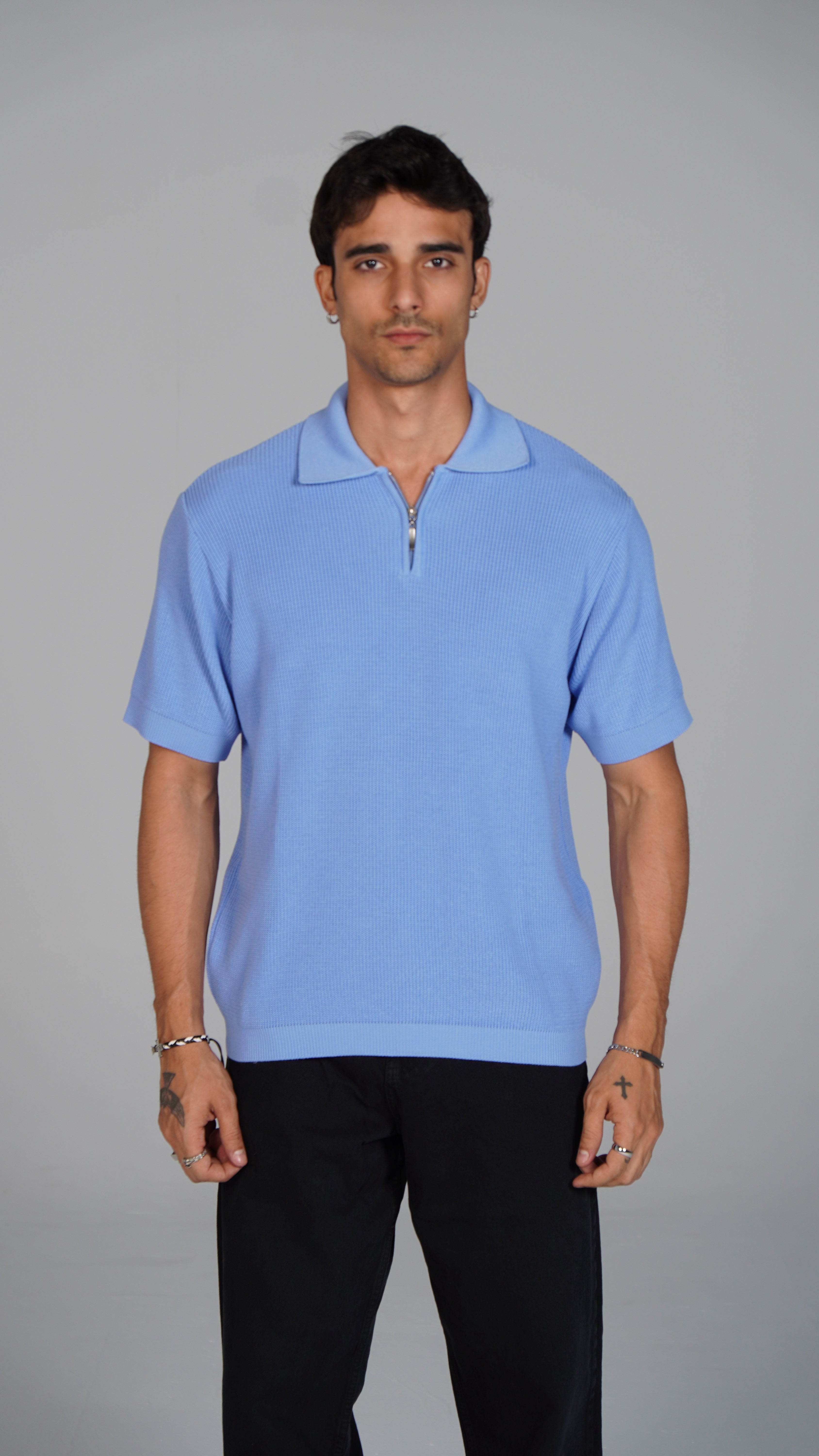 Zip Up Jacquard Polo - Light Blue