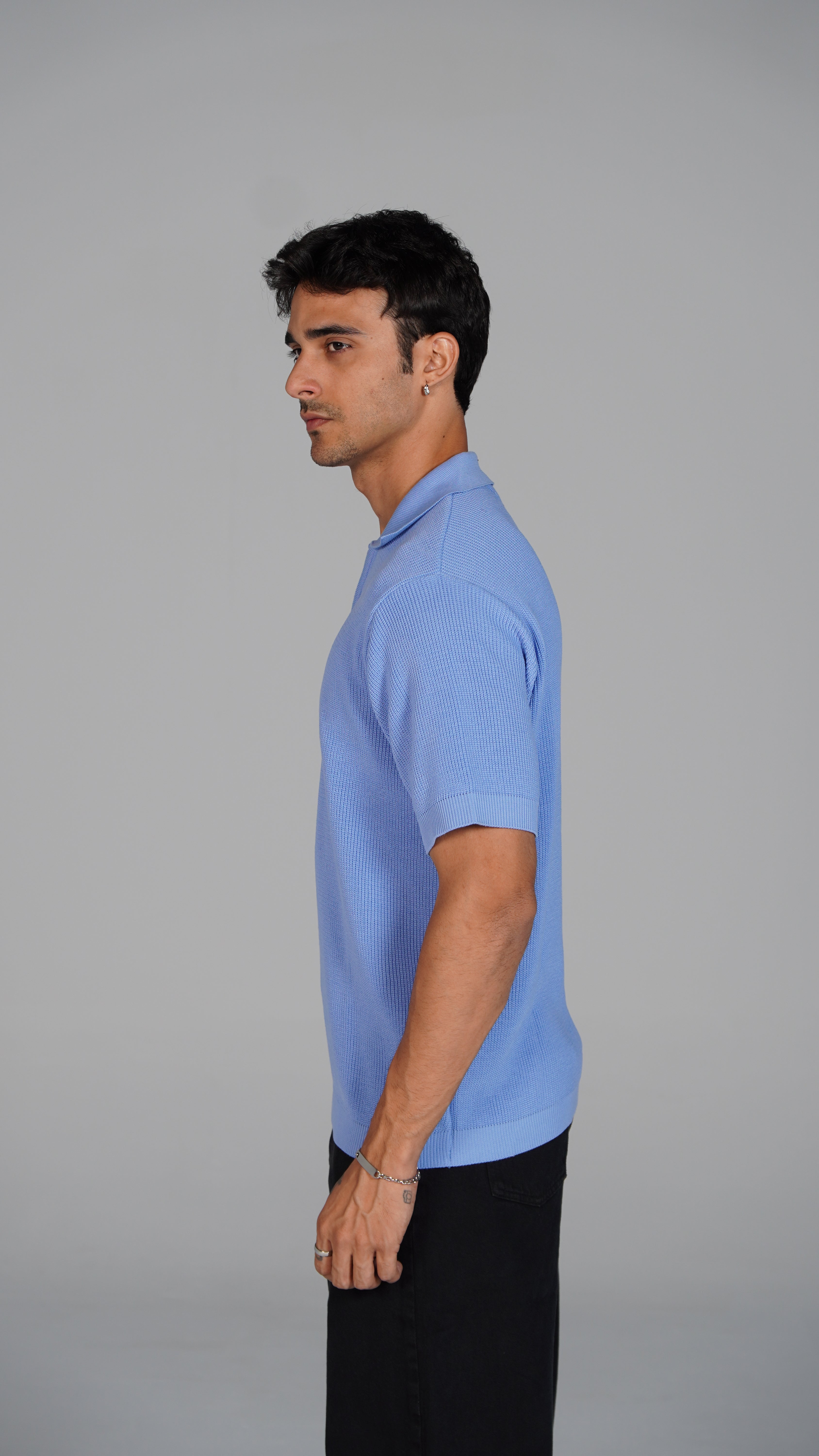 Zip Up Jacquard Polo - Light Blue
