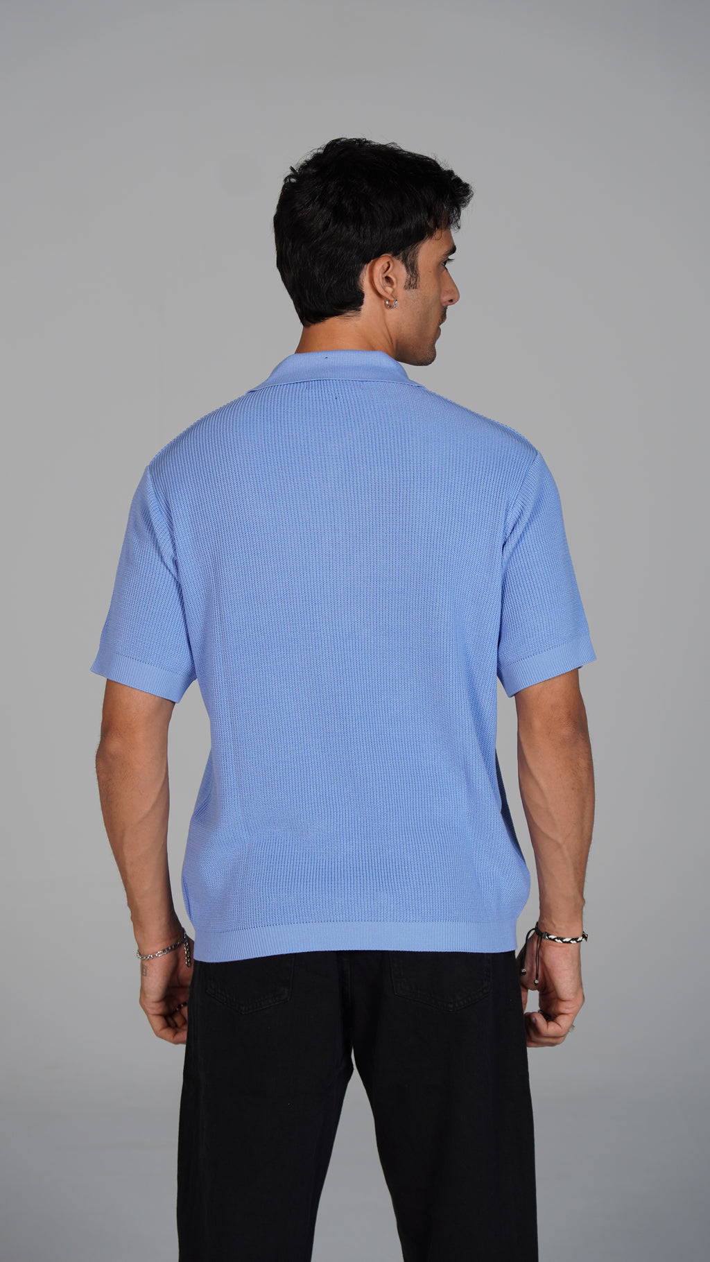 Zip Up Jacquard Polo - Light Blue