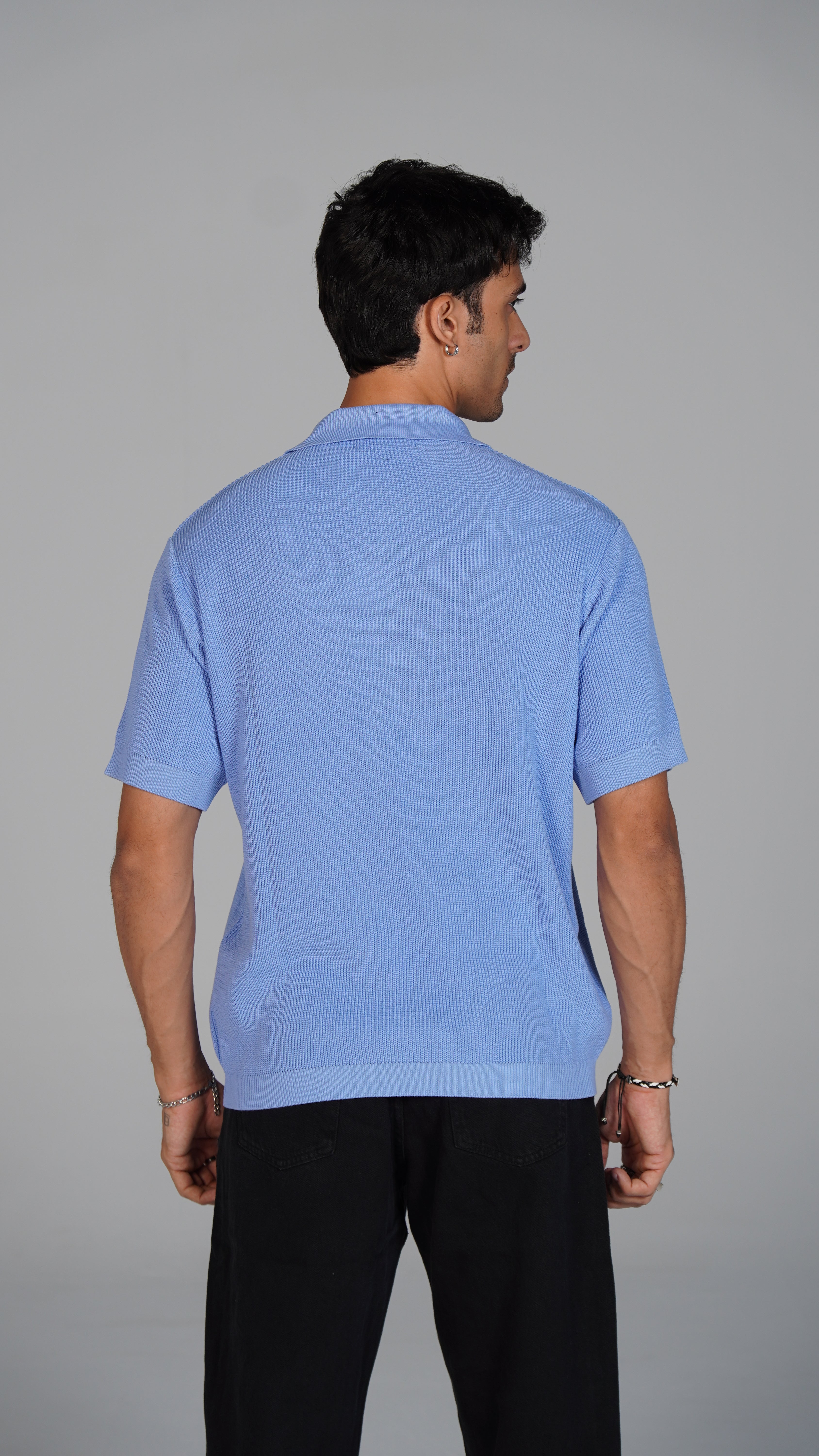 Zip Up Jacquard Polo - Light Blue