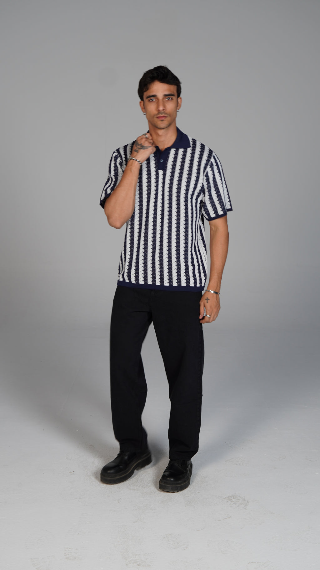 Striped Knitted Polo - Navy X White